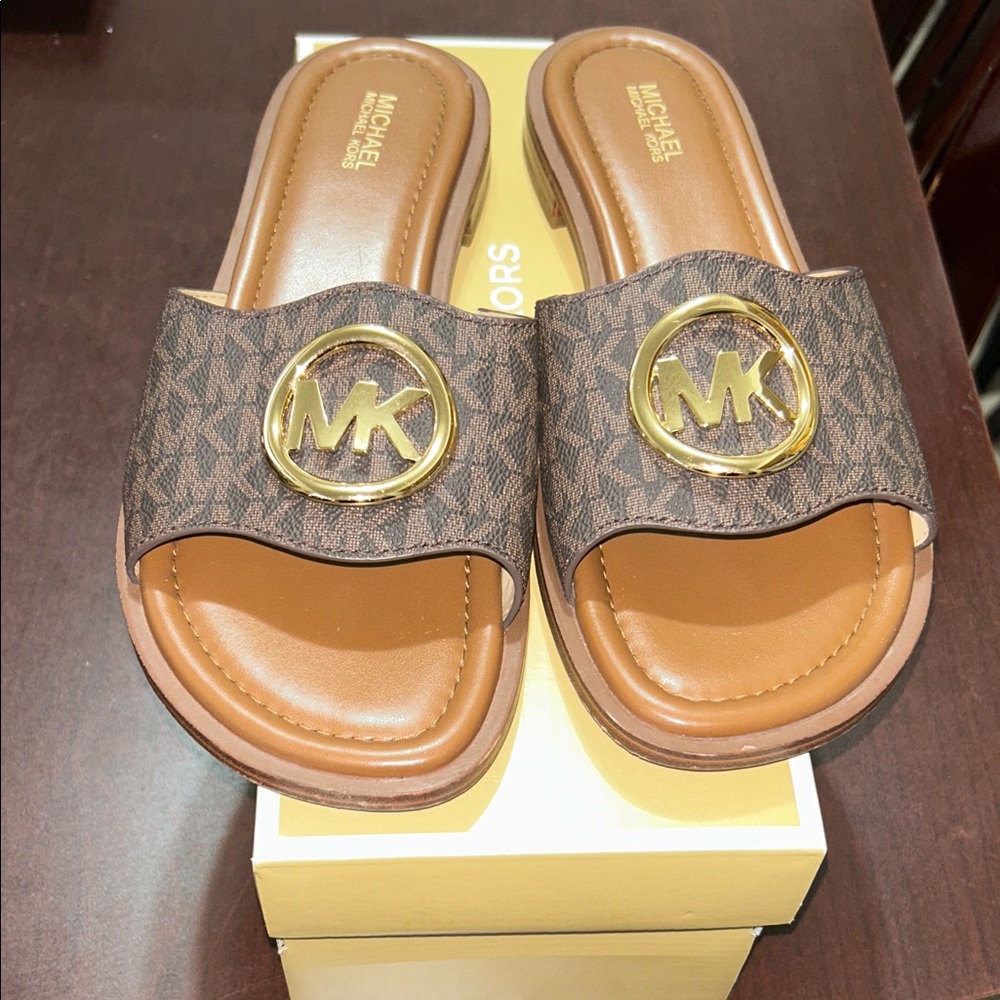 Michael Kors Brown Slides with Gold Logo